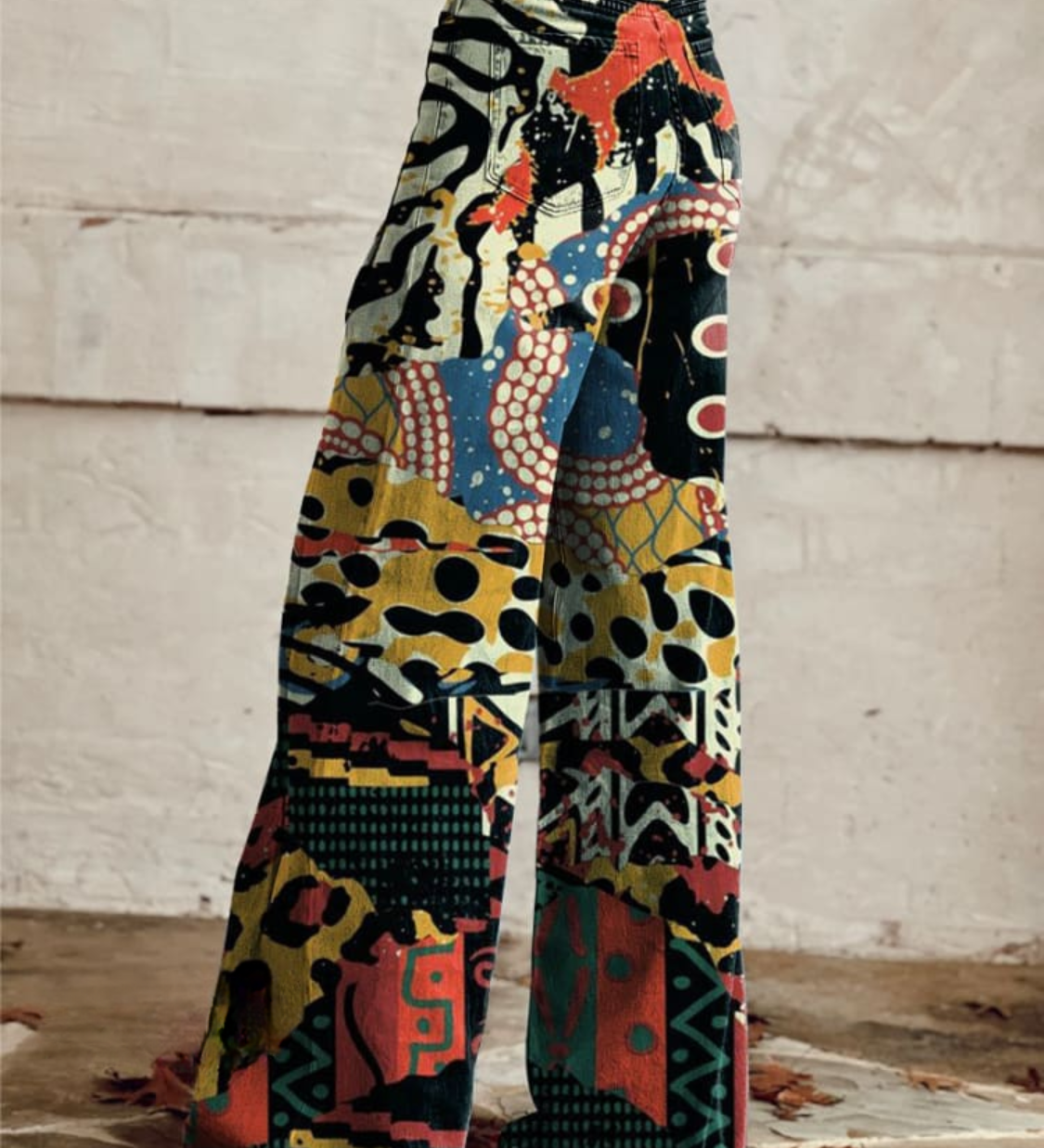 Agatha boho wide-leg trousers with bold abstract patchwork print and elastic waist