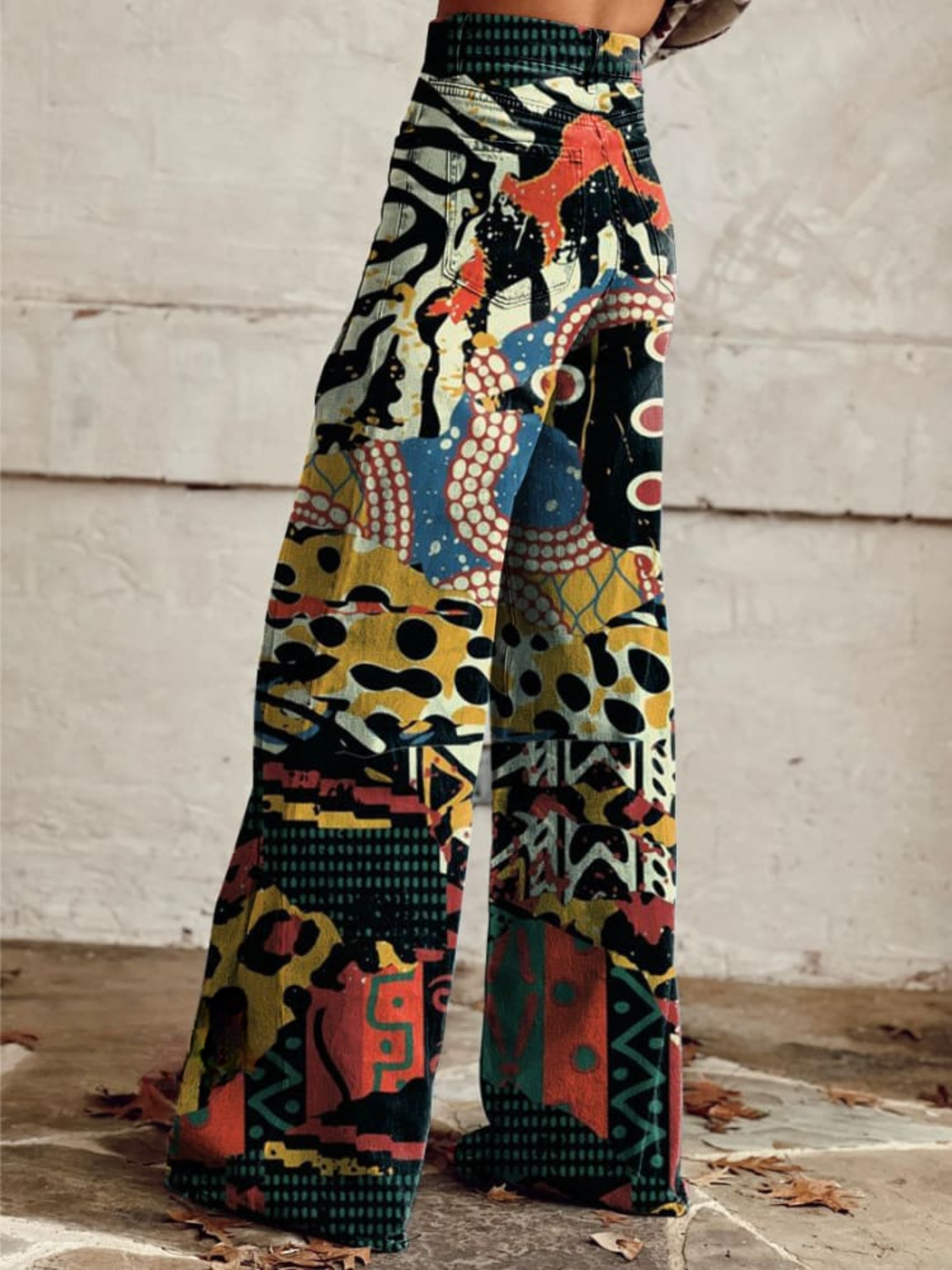 Agatha boho wide-leg trousers with bold abstract patchwork print and elastic waist