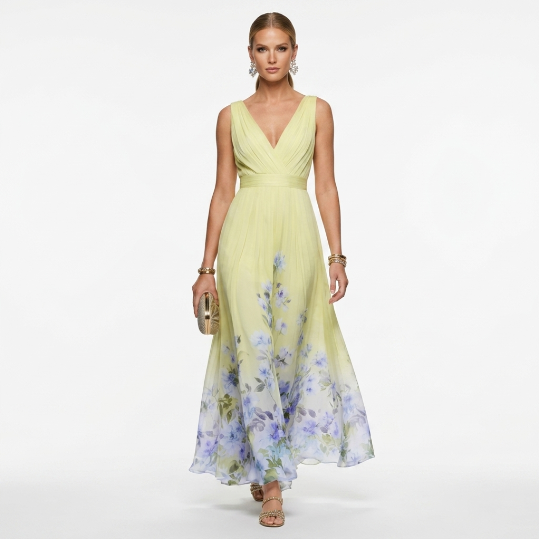 Pale yellow chiffon floral maxi dress with V-neckline and sleeveless fitted waist