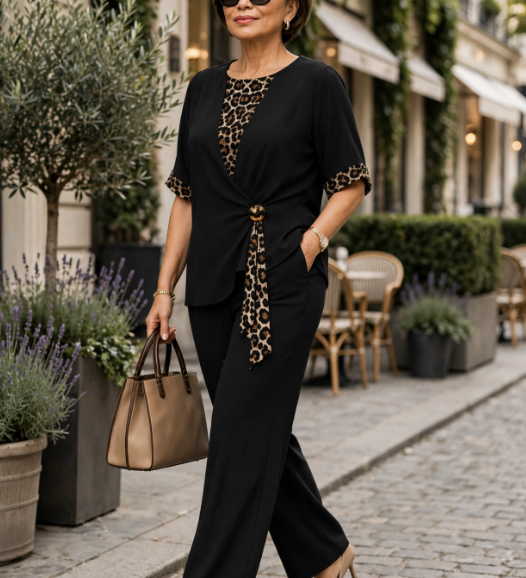 Black two-piece pantsuit with V-neck top and leopard-print tie detail
