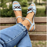 Light blue double-buckle sandals with ankle strap and block heel, side view