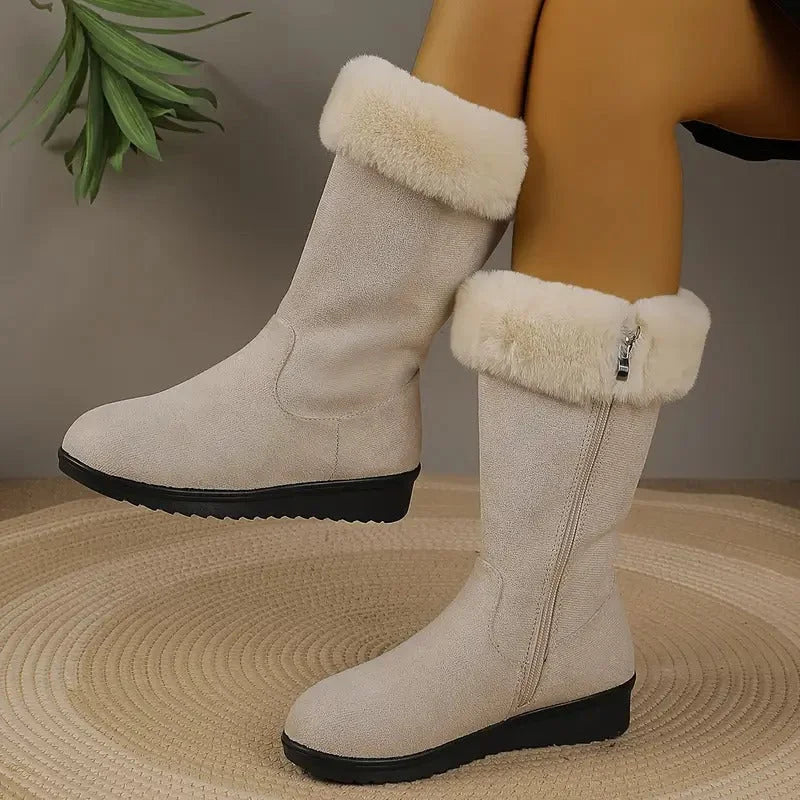 Women's beige tall winter boots with faux-fur cuff and front side zipper