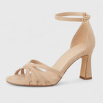 Beige orthopedic heeled sandals with ankle strap buckle, open toe, crisscross straps