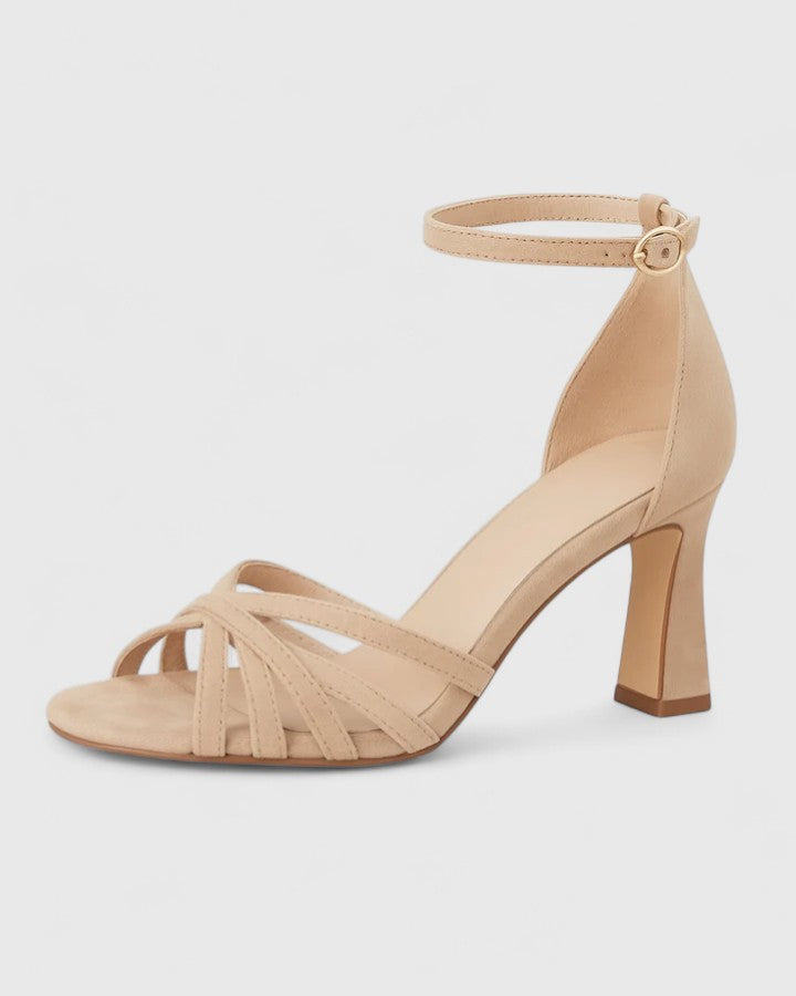 Beige orthopedic heeled sandals with ankle strap buckle, open toe, crisscross straps