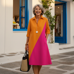 Orange and magenta diagonal midi dress with collar, button front, 3/4 sleeves