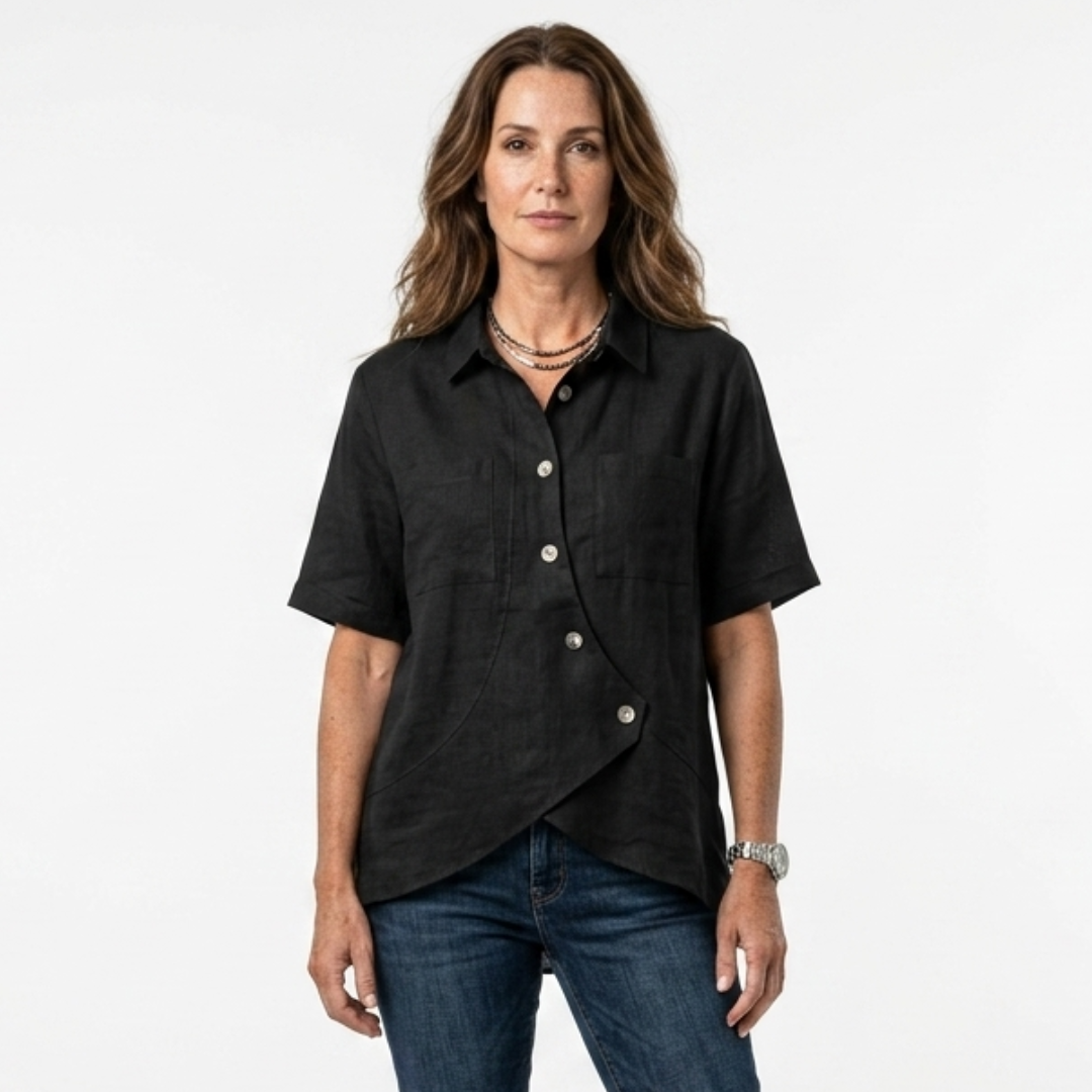 Black asymmetric button-up blouse, short sleeves, point collar, curved hem detail