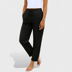 Black elastic linen jogger pants with drawstring waist and cuffed ankles