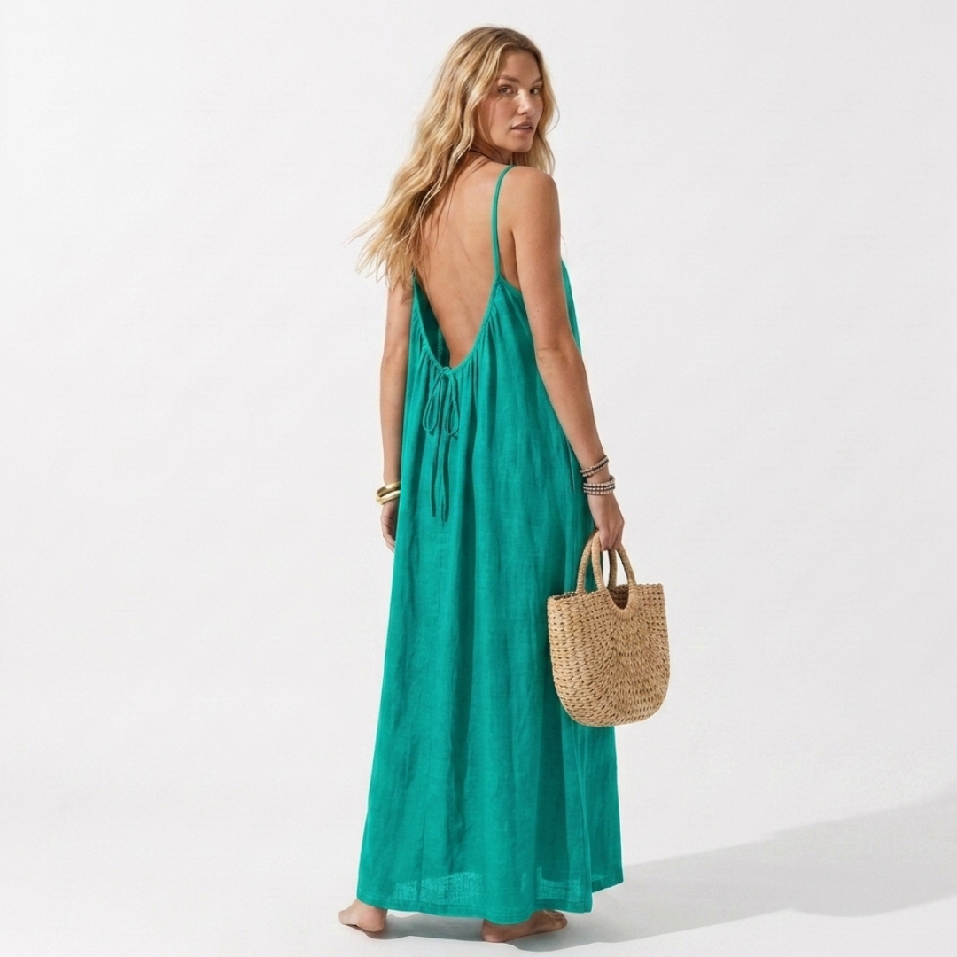 Sleeveless open-back linen summer dress, teal green, adjustable drawstring front