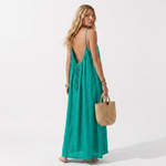 Sleeveless open-back linen summer dress, teal green, adjustable drawstring front