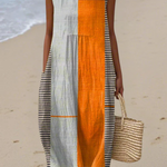 Midi colorblock sleeveless dress with round neckline, pale blue and orange panels