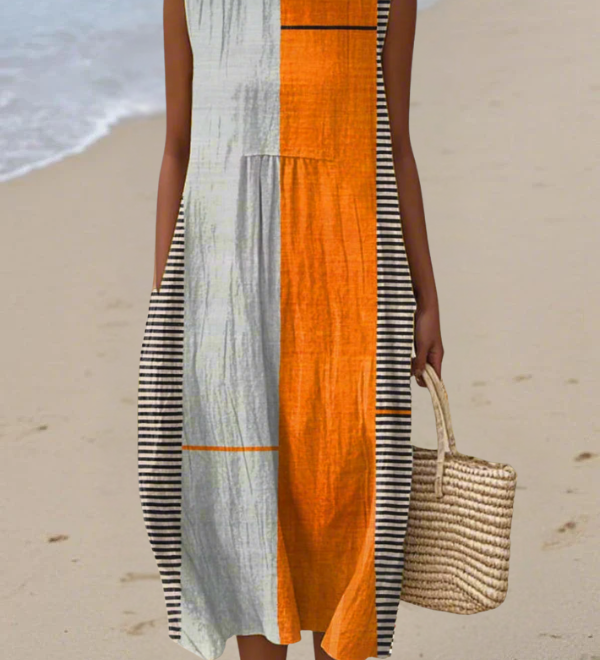 Midi colorblock sleeveless dress with round neckline, pale blue and orange panels