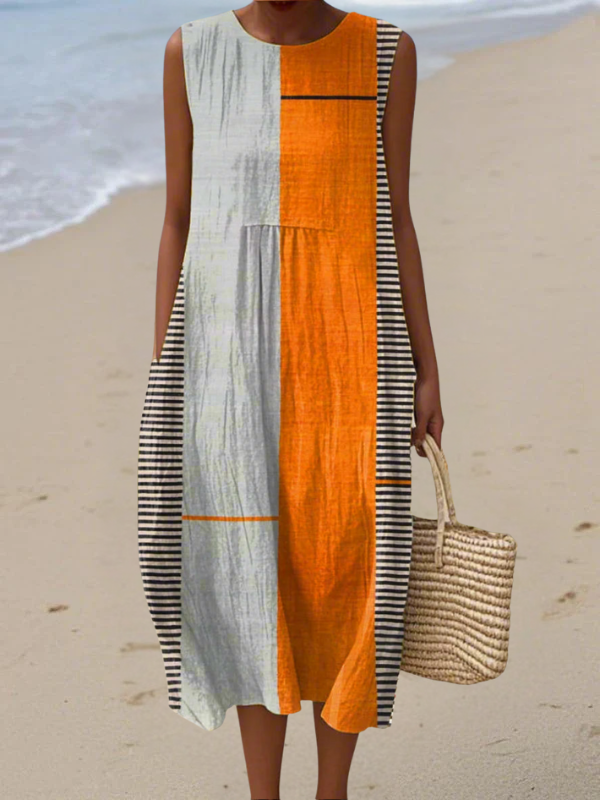 Midi colorblock sleeveless dress with round neckline, pale blue and orange panels