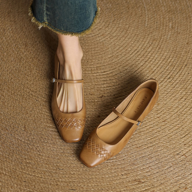 Tan Mary Jane flats with square toe, ankle strap, and woven lattice texture