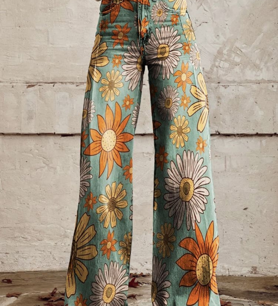 Boho floral wide-leg pants, teal with orange and cream flowers, button front, high waist