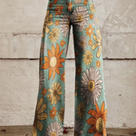 Boho floral wide-leg pants, teal with orange and cream flowers, button front, high waist