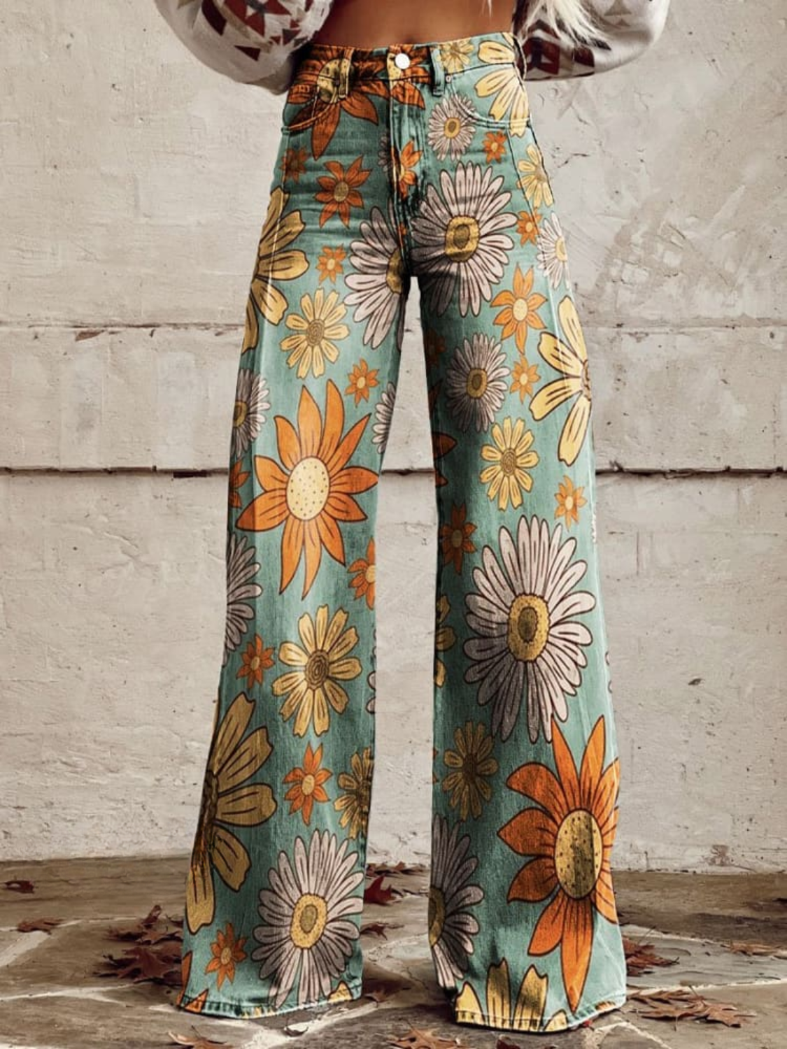 Boho floral wide-leg pants, teal with orange and cream flowers, button front, high waist