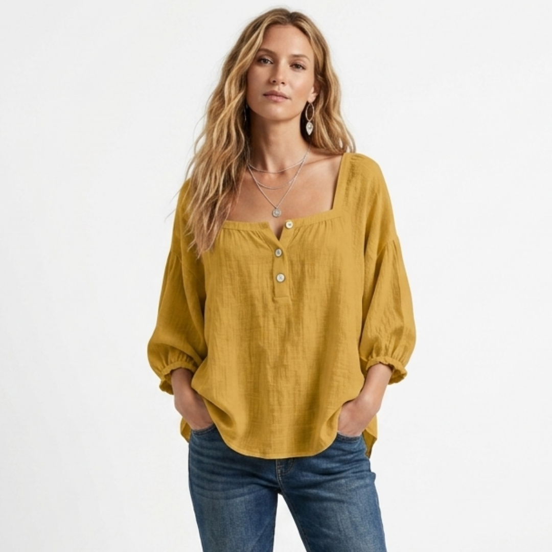 Liana mustard yellow linen blouse with square neckline, front buttons and balloon sleeves