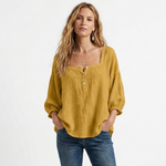 Liana mustard yellow linen blouse with square neckline, front buttons and balloon sleeves