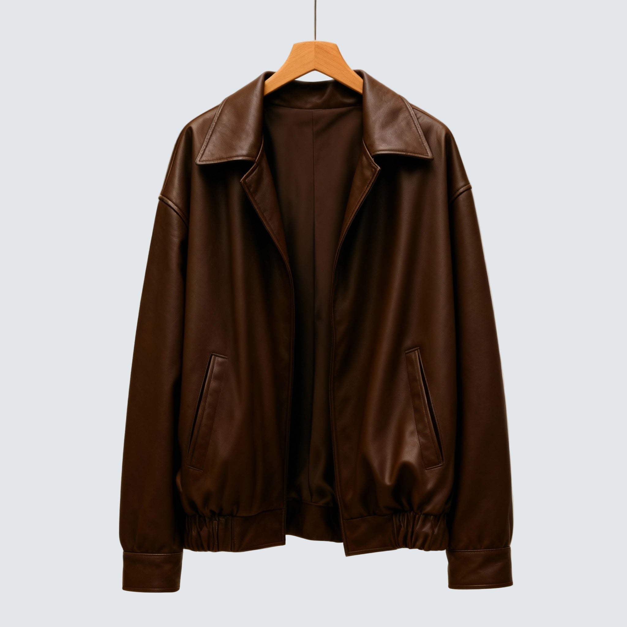 Florence brown leather jacket with snap collar, zip front, and side pockets