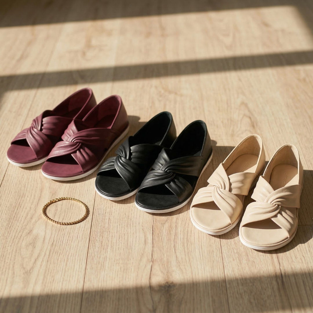 Set of orthopedic slide sandals: black, beige, and burgundy pairs with ankle chains