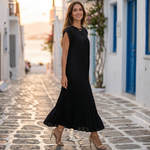Black sleeveless pleated midi dress with round neckline