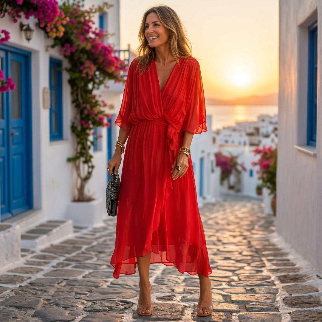 Red V-neck wrap midi dress with tie waist and flowing fabric