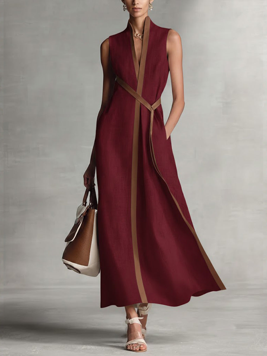 Elira linen dress in burgundy with deep V-neck and diagonal tie panel, sleeveless maxi