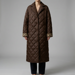 Otilia reversible quilted coat in dark brown, longline diamond quilting, leopard cuffs
