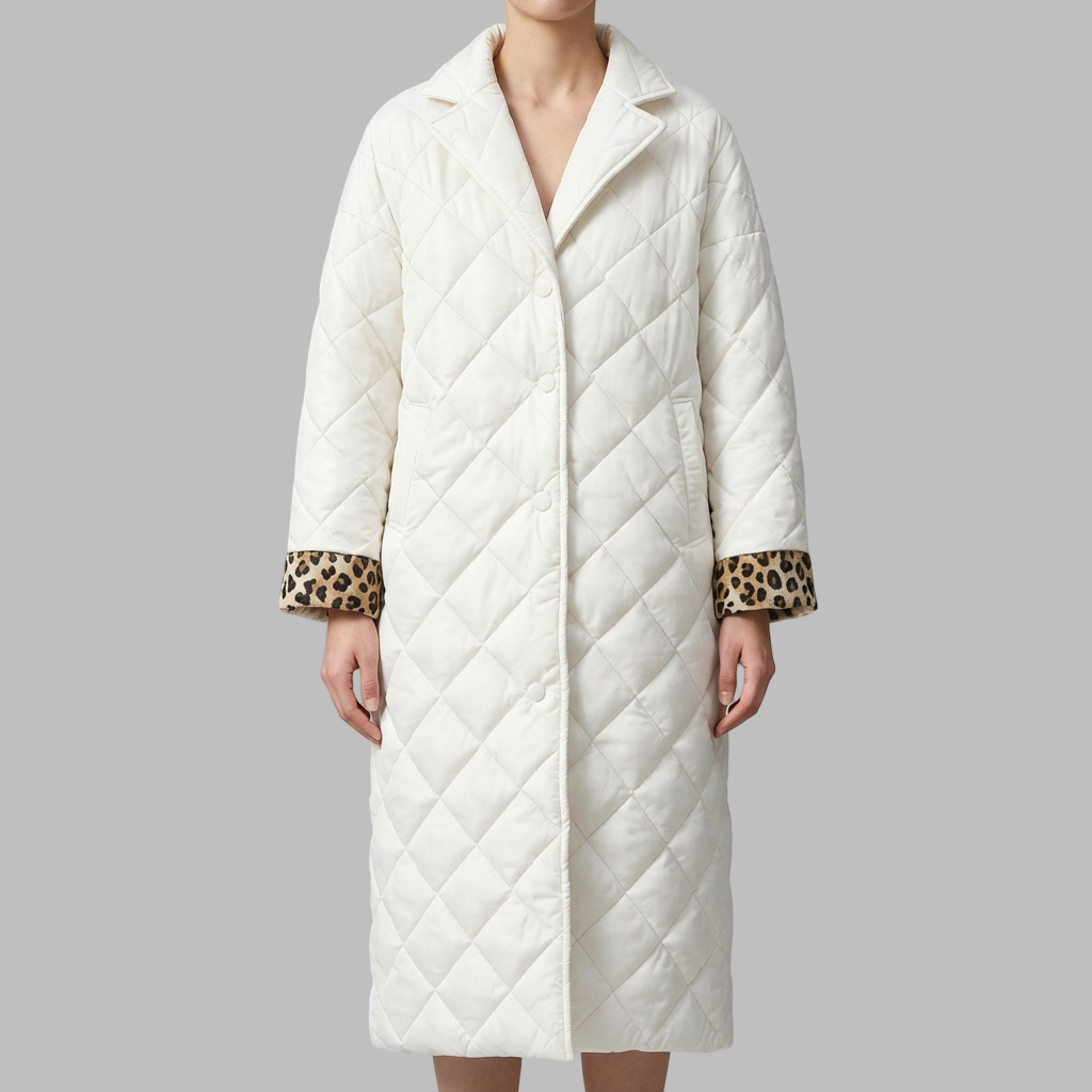 Otilia reversible quilted coat in white, mid-calf diamond stitch and leopard cuffs