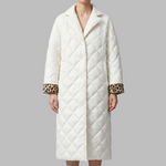 Otilia reversible quilted coat in white, mid-calf diamond stitch and leopard cuffs
