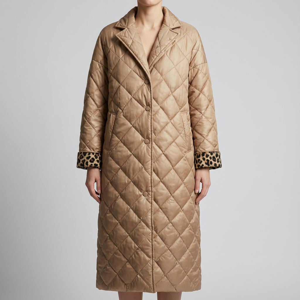 Otilia reversible quilted coat in tan, longline quilted design with leopard-print cuffs
