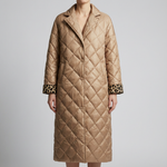 Otilia reversible quilted coat in tan, longline quilted design with leopard-print cuffs