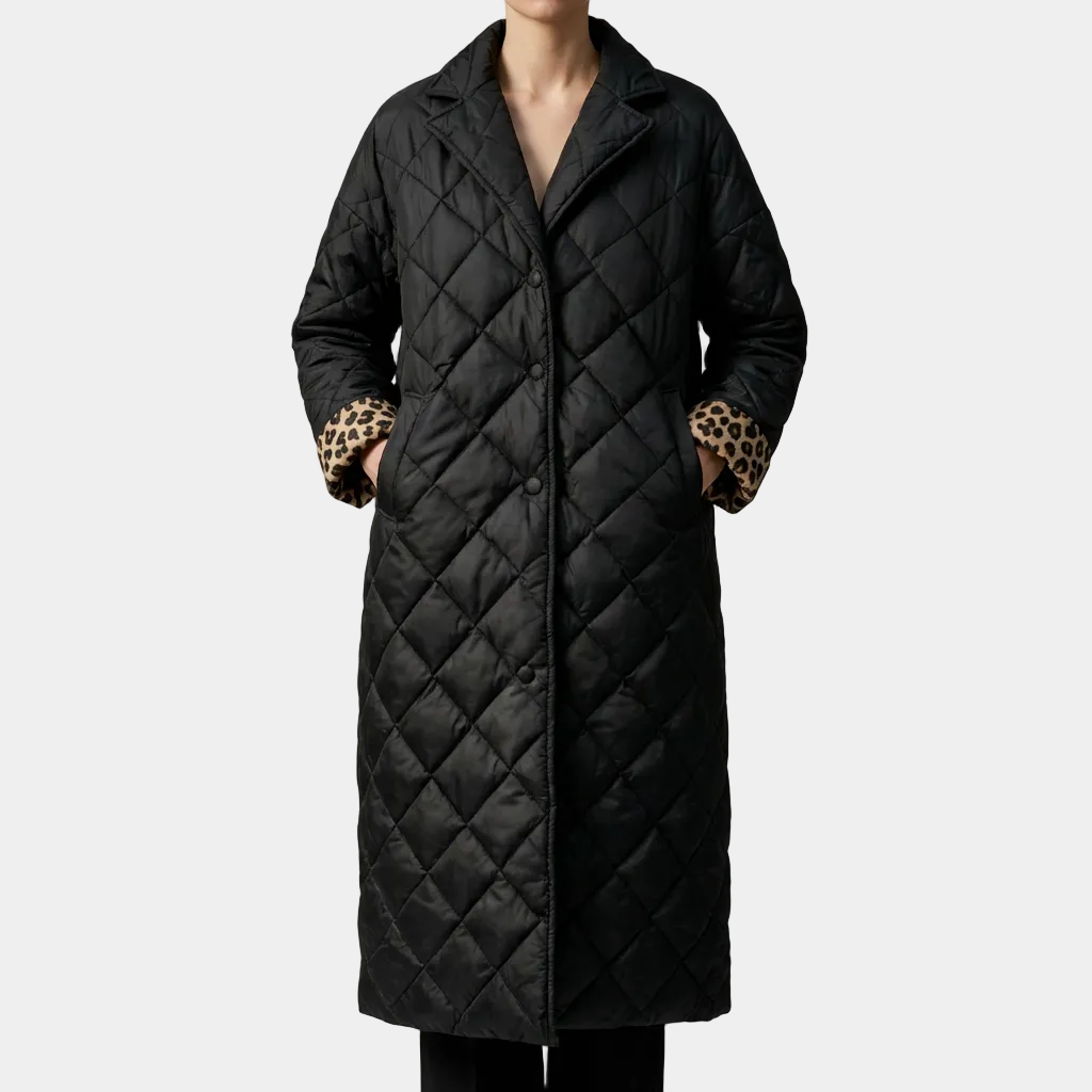 Otilia reversible quilted coat, black with diamond stitch and leopard-print cuffs