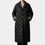Otilia reversible quilted coat, black with diamond stitch and leopard-print cuffs