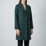 Women's plaid wool coat with notched lapel, two front buttons, side pockets
