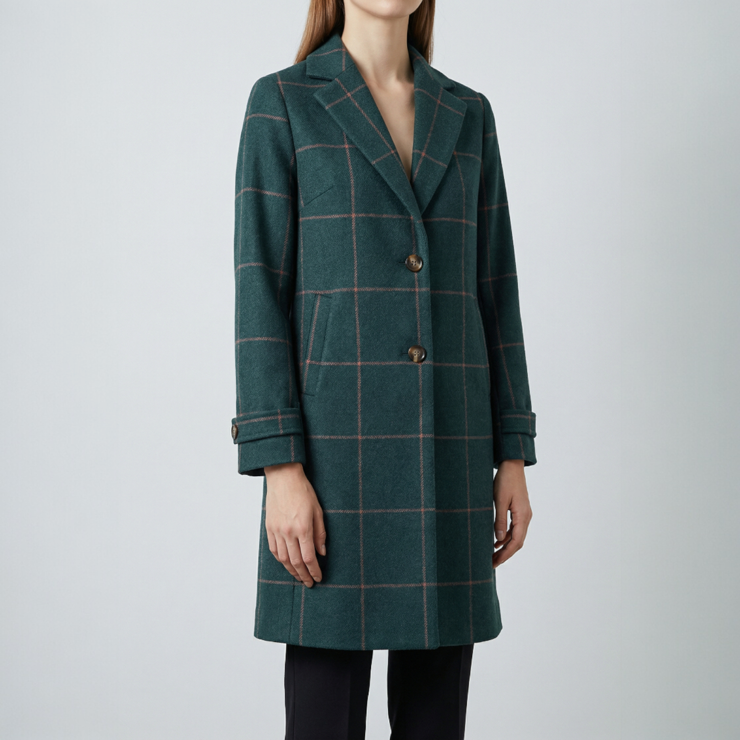 Women's plaid wool coat with notched lapel, two front buttons, side pockets