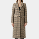 Plaid long overcoat with notched lapel, button front, and side pockets, beige and dark