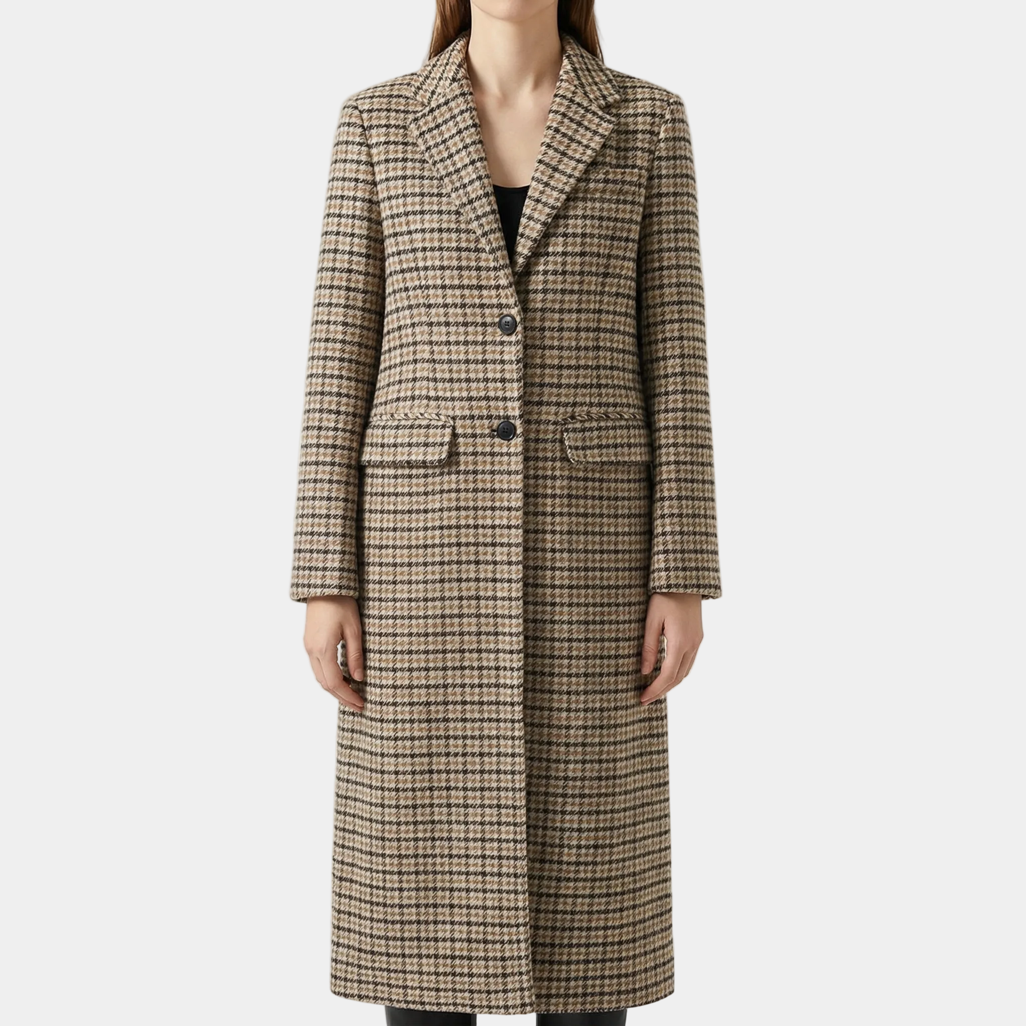 Plaid long overcoat with notched lapel, button front, and side pockets, beige and dark