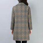 Plaid long double-breasted coat with notched collar and full-length sleeves, button back