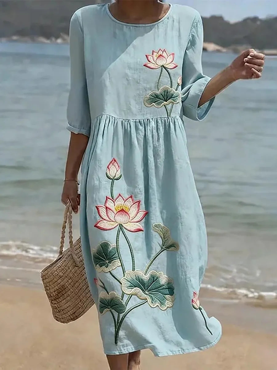 Light blue midi dress with lotus embroidery, 3/4 sleeves