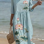 Light blue midi dress with lotus embroidery, 3/4 sleeves