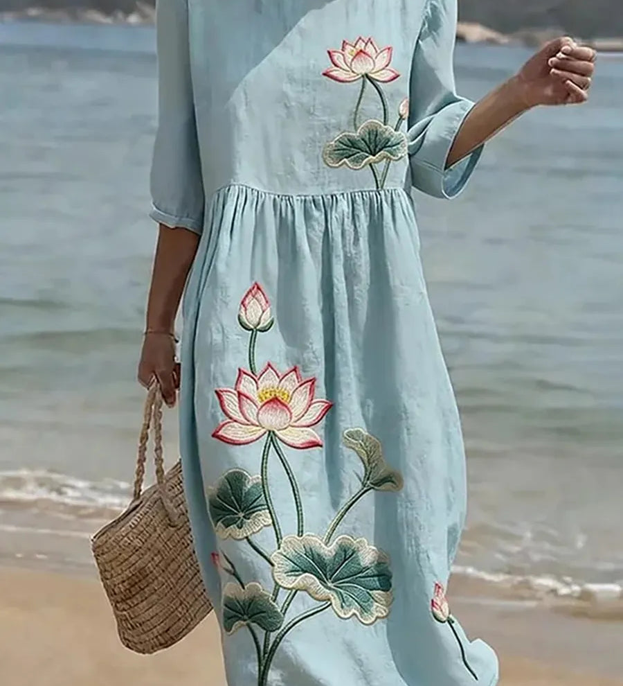 Light blue midi dress with lotus embroidery, 3/4 sleeves