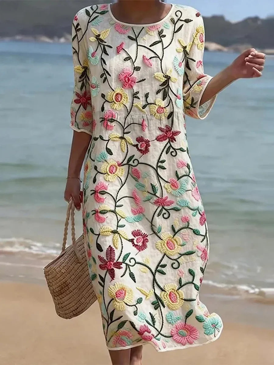 Women’s floral short-sleeve shift dress with round neckline, multicolor pattern