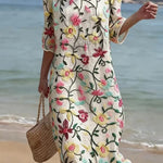 Women’s floral short-sleeve shift dress with round neckline, multicolor pattern