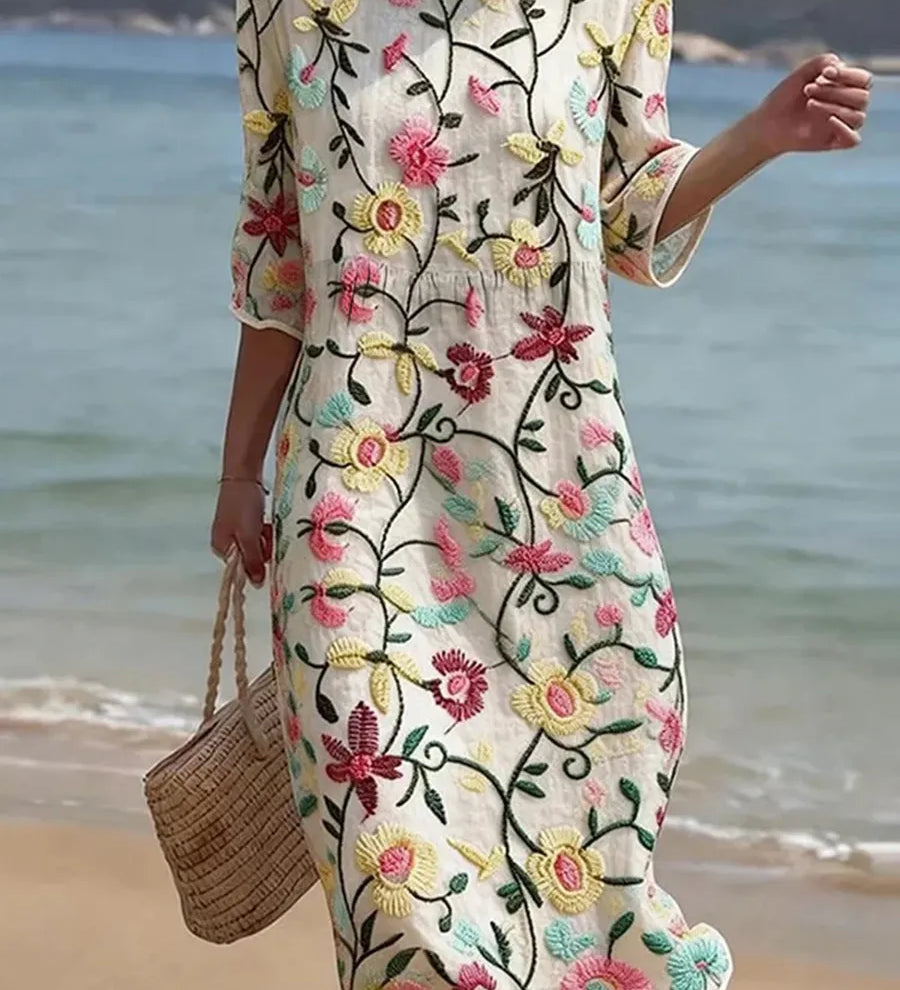 Women’s floral short-sleeve shift dress with round neckline, multicolor pattern