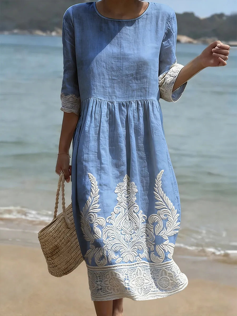 Light blue floral and leaf-print midi dress, round neck, 3/4 sleeves, gathered waist