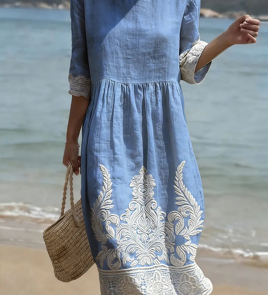 Light blue floral and leaf-print midi dress, round neck, 3/4 sleeves, gathered waist