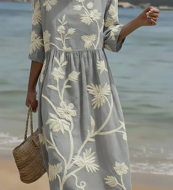 Women's midi dress in light gray with white botanical floral pattern and gathered waist
