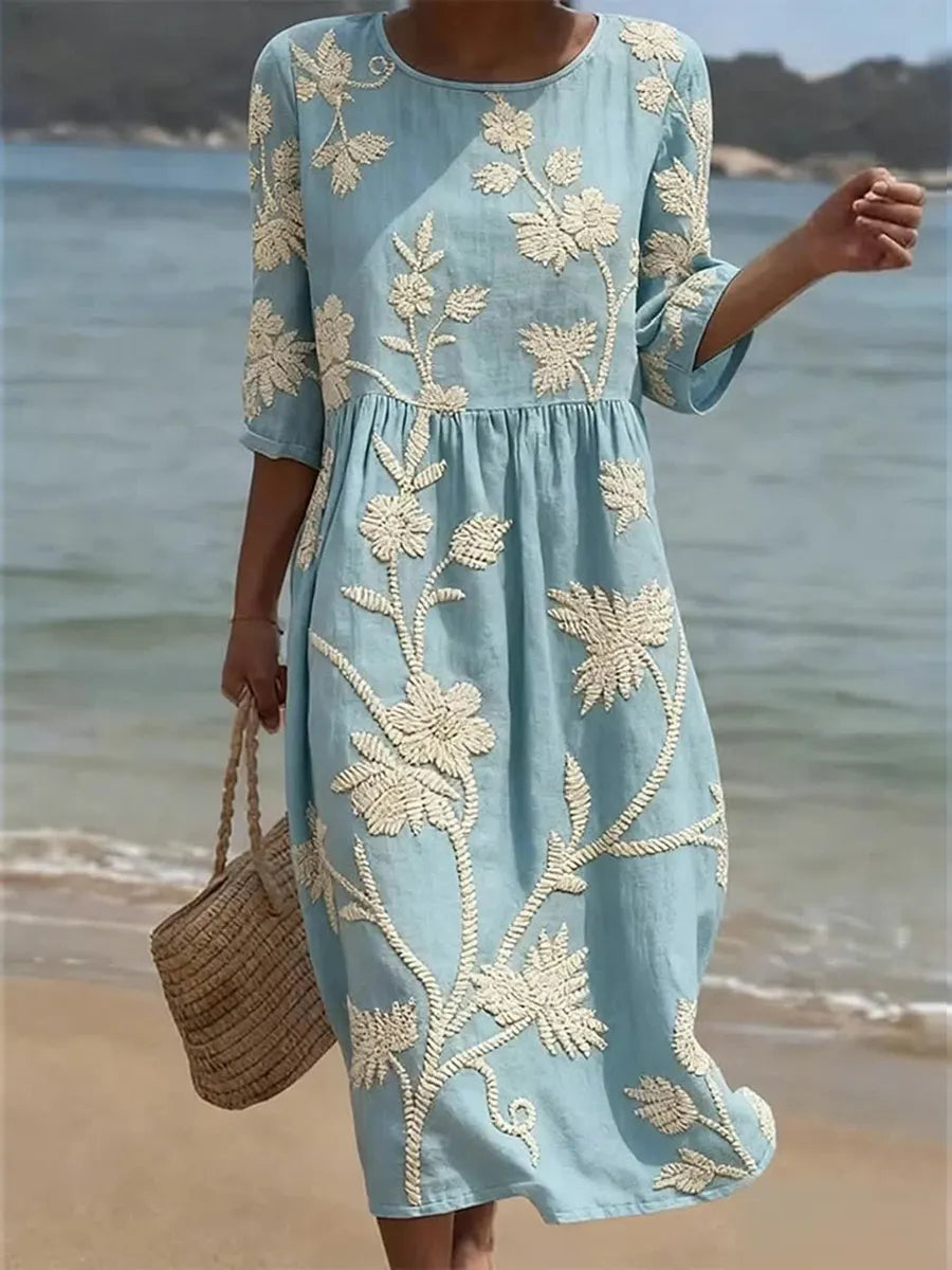 Kimberly light blue midi dress with cream floral plant embroidery, short sleeves