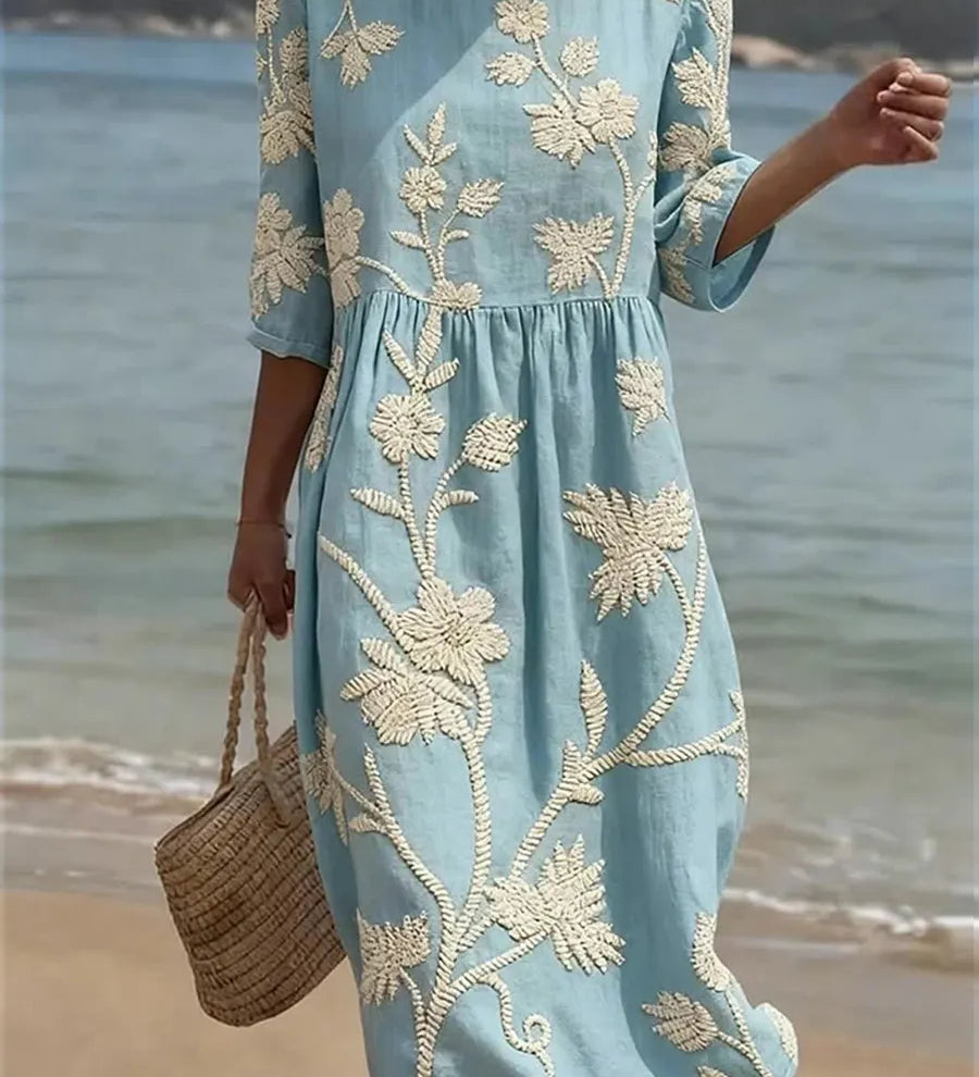 Kimberly light blue midi dress with cream floral plant embroidery, short sleeves